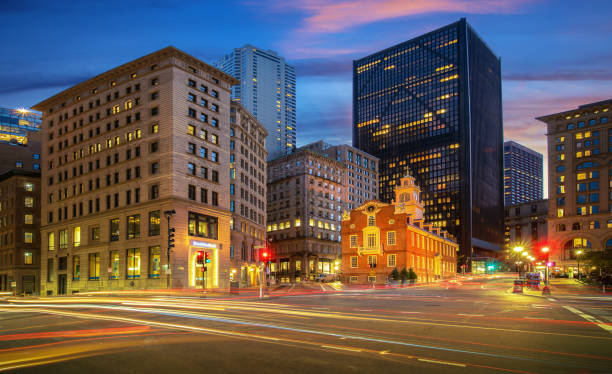 Church in the city and road, Boston city Church in the city and road, Boston city, USA, America boston prudential building stock pictures, royalty-free photos & images