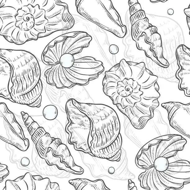 Vector illustration of Vector seamless pattern sea shells and pearls different shapes. Clamshells monochrome black white outline sketch illustration isolated on white background for design on marine theme.