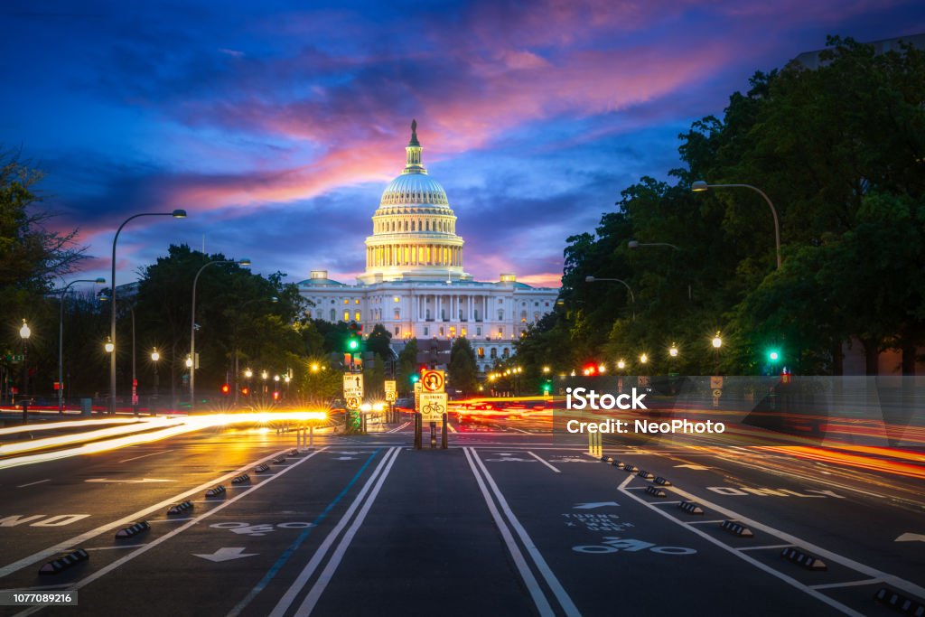 Capital building in Washington DC city at night wiht street and cityscape Capital building in Washington DC city at night wiht street and cityscape, USA, United states of Amarica Washington DC Stock Photo