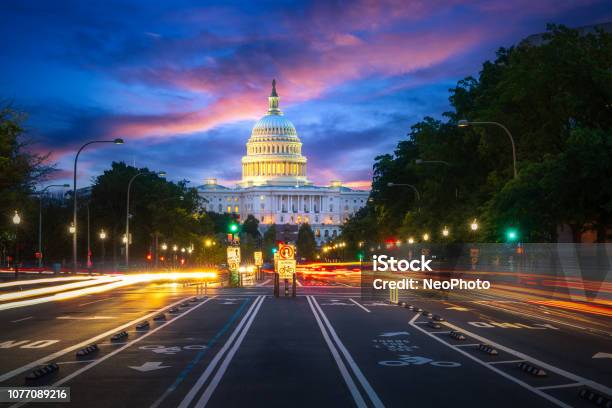 Capital Building In Washington Dc City At Night Wiht Street And Cityscape Stock Photo - Download Image Now