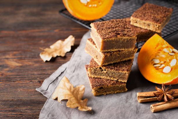 istock Square pumpkins cake or pastry with cinnamon and pumkin 1077089916