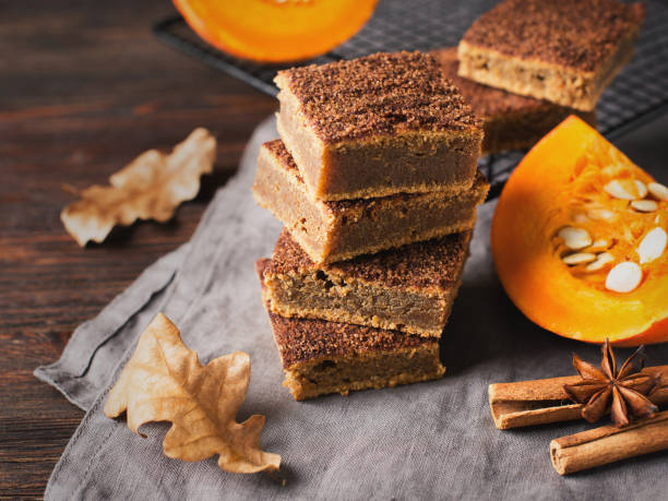 istock Square pumpkins cake or pastry with cinnamon and pumkin 1077089926