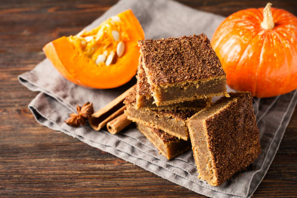 istock Square pumpkins cake or pastry with cinnamon and pumkin 1077089960