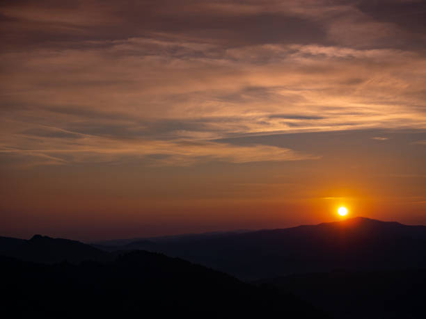 Sunset over Western Beskids.  Gorce Mountains, Luban Mount. View from Mount Jarmuta, Pieniny, Poland. Sunset over Western Beskids.  Gorce Mountains, Luban Mount. View from Mount Jarmuta, Pieniny, Poland. szczawnica stock pictures, royalty-free photos & images