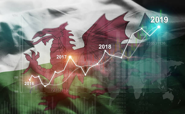 crescente estatística 2019 financeira contra a bandeira do país de gales - welsh flag flag welsh culture all european flags - fotografias e filmes do acervo