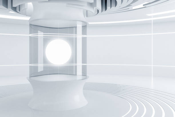 istock White futuristic room interior, glowing sphere 1077100540