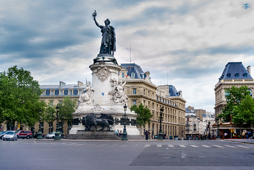 Paris, France - May 08, 2011:The Place de la République in Paris and the monument which includes a statue of the personification of France, Marianne. It was completed in 1879.