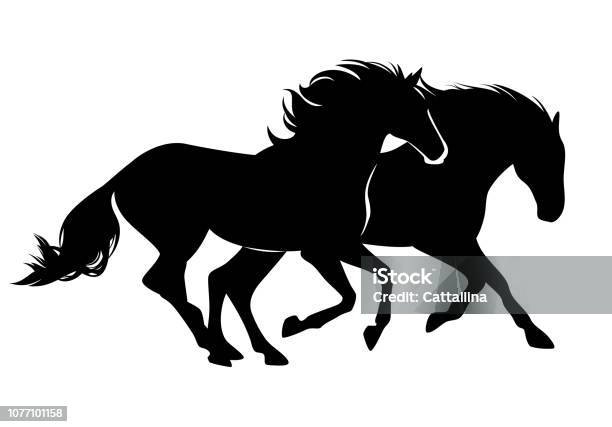 Pair Of Horses Black Vector Silhouette Stock Illustration - Download Image Now - Horse, In Silhouette, Running