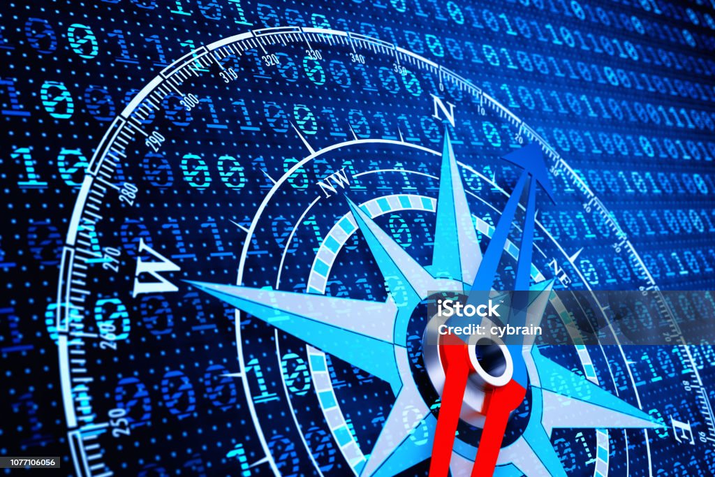 Concept of navigation in the digital world of information technology Compass on blue computer data background Navigational Compass Stock Photo