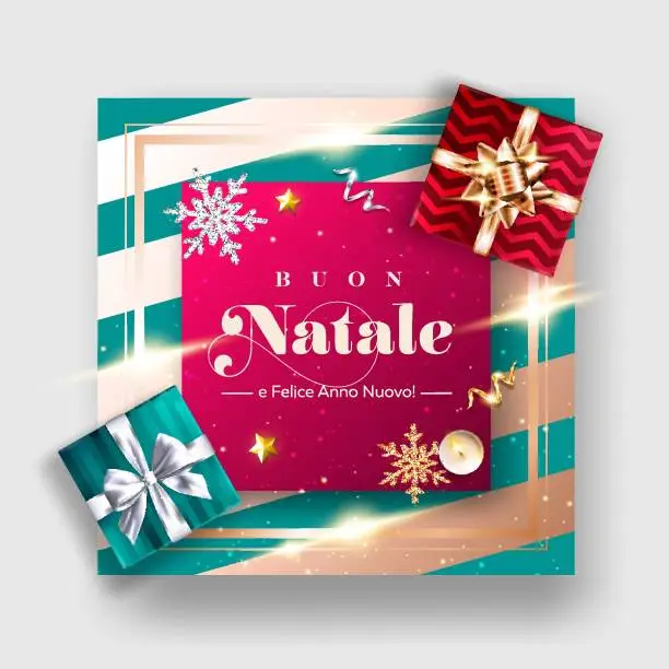 Vector illustration of Buon Natale e Felice Anno Nuovo Vector Background. Merry Christmas and Happy New Year in Italian. Xmas Poster Template with Gift Box, Ribbon Bow, Candle, Silver Star. Holiday Composition, Top View.