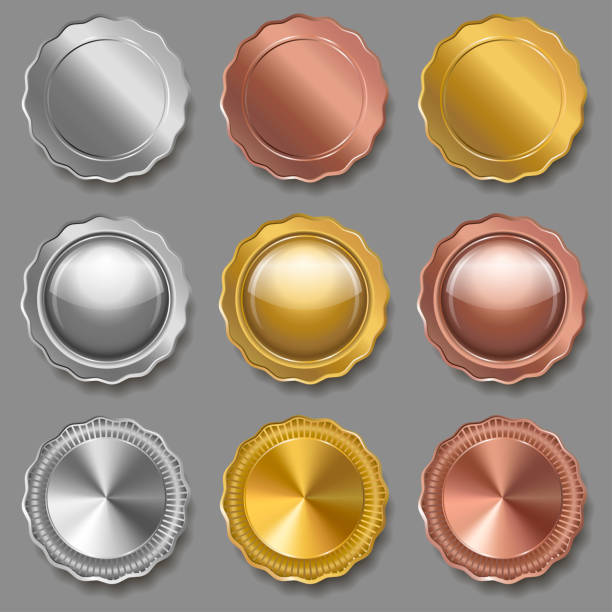 satz von medaillen in verschiedenen formen auf grauem hintergrund. metallische abzeichen. gold-, silber- und bronzemedaillen ausgezeichnet. medaillen-vorlage. münzen. - gold silver backgrounds square stock-grafiken, -clipart, -cartoons und -symbole