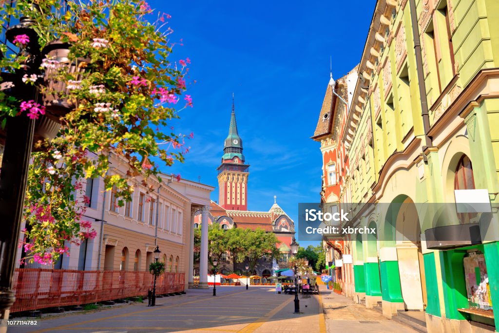 Subotica city hall and main square colorful street view, Vojvodina region of Serbia Serbia Stock Photo