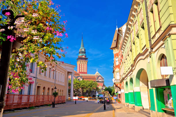 塞爾維亞伏伊伏丁那地區蘇博蒂卡市政廳和主要廣場五顏六色的街景 - 塞爾維亞 個照片及圖片檔