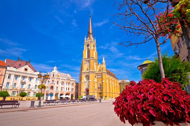 plaza de la libertad y la catedral católica en opinión de novi sad, la región de vojvodina de serbia - architectural feature architecture cathedral catholicism fotografías e imágenes de stock