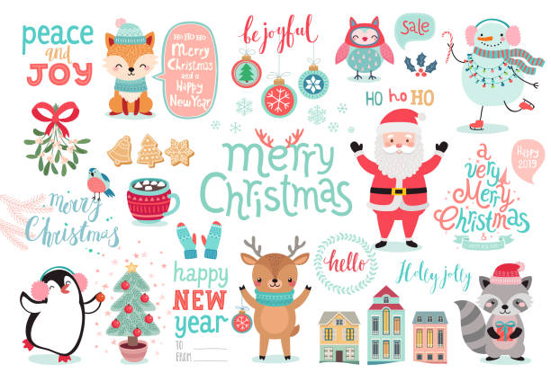 рождественский набор, нарисованный вручную стиль - каллиграфия, животные и другие элементы. - text animal owl icon set stock illustrations