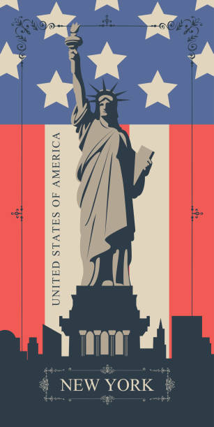 ilustraciones, imágenes clip art, dibujos animados e iconos de stock de tarjeta postal con la estatua de la libertad y la bandera americana - statue manhattan monument flaming torch