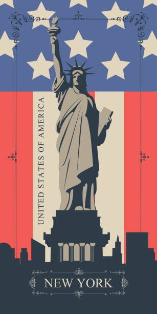 Vector banner or postcard with the famous Statue of Liberty in new York, USA in retro style in a frame with curls. US landmark on the background of New York skyscrapers and american flag