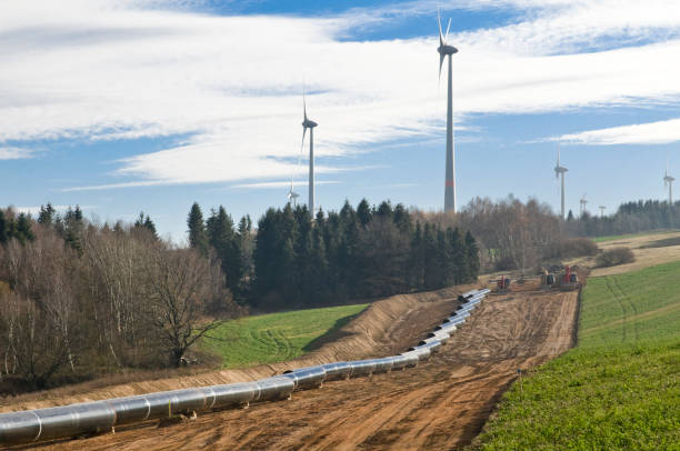 Pipeline construction in hilly landscape - pipes before laying