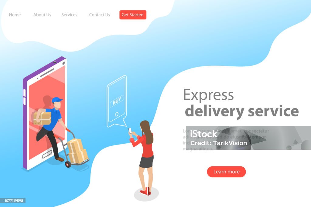 Isometric flat vector landing page template of express delivery service, courier service, goods shipping, food online ordering. Delivering stock vector