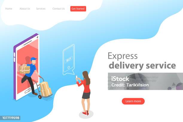 Isometric Flat Vector Landing Page Template Of Express Delivery Service Courier Service Goods Shipping Food Online Ordering Stock Illustration - Download Image Now