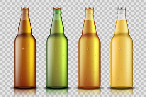 illustrazioni stock, clip art, cartoni animati e icone di tendenza di set di bottiglia di birra in vetro realistico con liquido isolato su sfondo trasparente. bottiglia di birra vuota modello mock up per la confezione del prodotto. illustrazione vettoriale. - beer wine drink collection