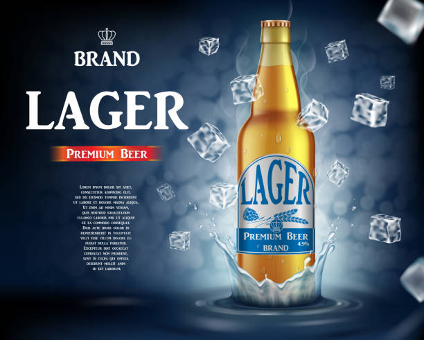 craft lager reklamy piwa z pluskaniem. realistyczna szklana butelka piwa z latającymi kostkami lodu na błyszczącym niebieskim tle. ilustracja wektorowa 3d - ice float stock illustrations