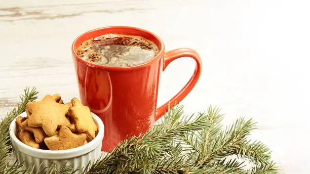 Big cup of coffee. NewYear. Gingerbread Cookie.  Christmas tree.