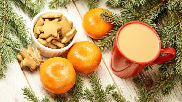 Gingerbread Cookie. NewYear. Orange tangerines. Spruce branch.