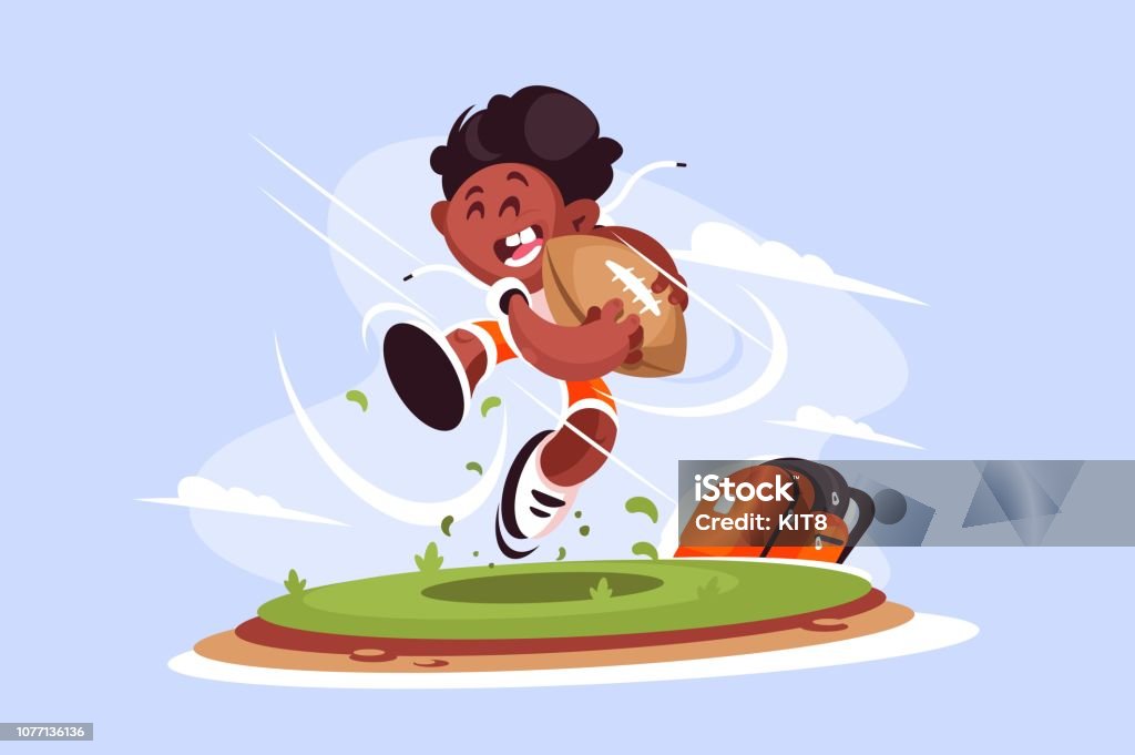 Little boy playing rugby outside Little boy playing rugby outside vector illustration. Piccaninny rugger player running across field flat style concept. Blue sky and clouds on background Rugby - Sport stock vector