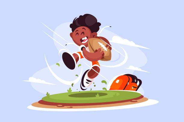 Little boy playing rugby outside Little boy playing rugby outside vector illustration. Piccaninny rugger player running across field flat style concept. Blue sky and clouds on background boys soccer stock illustrations