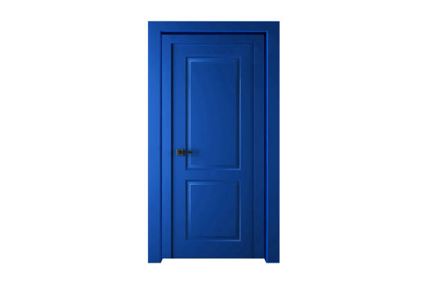 istock Single blue door closed - door frame only, no walls 1077136592