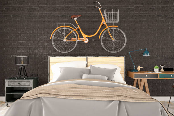 istock Loft Bedroom with Bicycle and Desk 1077138866
