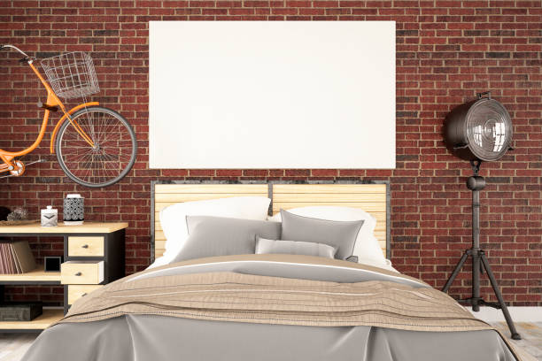 istock Loft Bedroom with Bicycle and Blank Canvas 1077139144