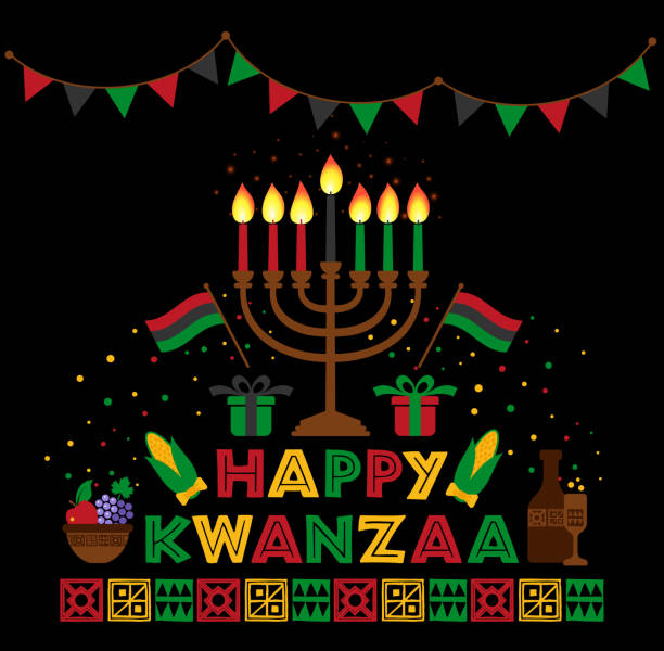 ilustraciones, imágenes clip art, dibujos animados e iconos de stock de banner para kwanzaa con colores tradicionales y velas que representan los siete principios o nguzo saba. - kwanzaa