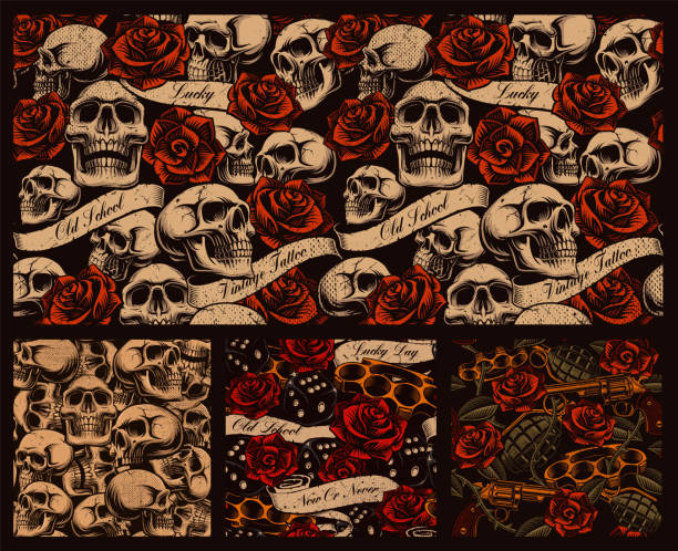 Set of seamless tattoo backgrounds with skulls Set of seamless tattoo backgrounds with skulls, roses, and vintage ribbons. tattoo seamless texture stock illustrations
