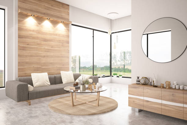 modernes wohnzimmer mit sofa - wohnzimmermöbel holz stock-fotos und bilder