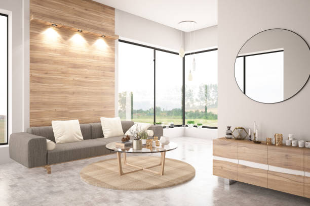 modern living room avec canapé - wall decor photos et images de collection