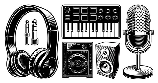 ilustrações, clipart, desenhos animados e ícones de conjunto de ilustrações de dj preto e branco sobre fundo branco. - synthesizer