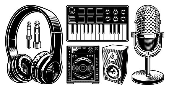 Dj clipart. Set of black and white illustrations with headphones, microphone, midi keyboard and other isolated on the white background.