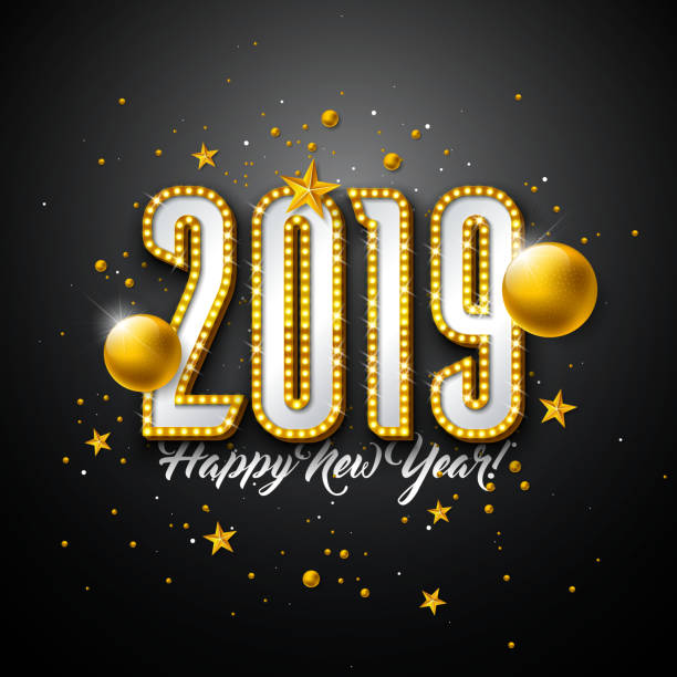 istock 2019 Happy New Year illustration with 3d typography lettering, and Christmas ball on black background. Holiday design with shiny bright lights for flyer, greeting card, banner, celebration poster, party invitation or calendar. 1077142916