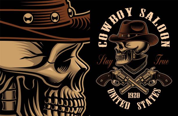 Vector illustration of cowboy skull with crossed handguns. Vector illustration of cowboy skull with crossed handguns. All elements, text, colours are on the separate groups. saloon logo stock illustrations