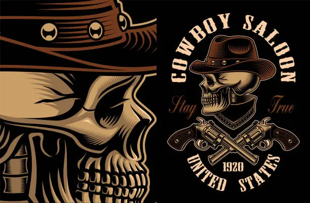 Vector illustration of Vector illustration of cowboy skull with crossed handguns.