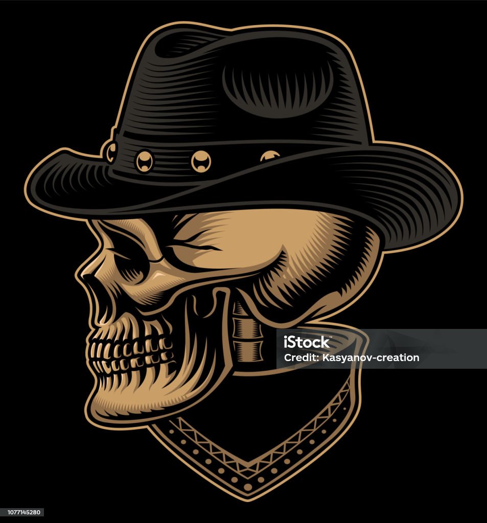 Vintage illustration of cowboy skull in hat with bandana. Vintage illustration of cowboy skull in hat on the dark background. Skull stock vector