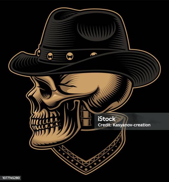 Vintage Illustration Of Cowboy Skull In Hat With Bandana Stock Illustration - Download Image Now