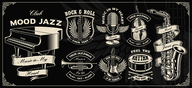 Set with vintage vector design of music instruments on the dark background.