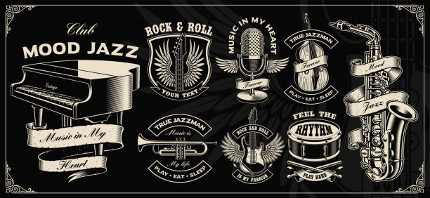 Set with vintage vector design of music instruments. Set with vintage vector design of music instruments on the dark background. recording studio illustrations stock illustrations