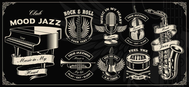 Set with vintage vector design of music instruments. Set with vintage vector design of music instruments on the dark background. black and white headphones stock illustrations