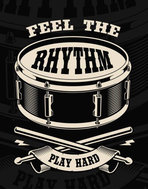 Vector illustration of drum with crossed sticks on the dark background.