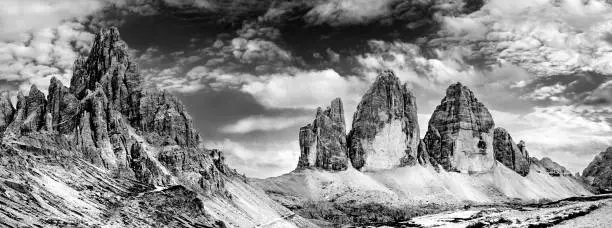 Panorama in black and white of the "Tre Cime di Lavardo", Dolonities mountains, Italy