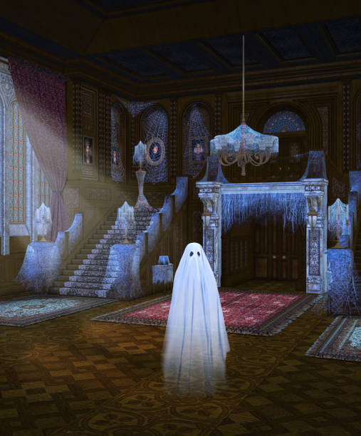 Scary haunted mansion entrance, grand staircase and candalabras, creepy and a Halloween feel, with a ghost at night, 3d render